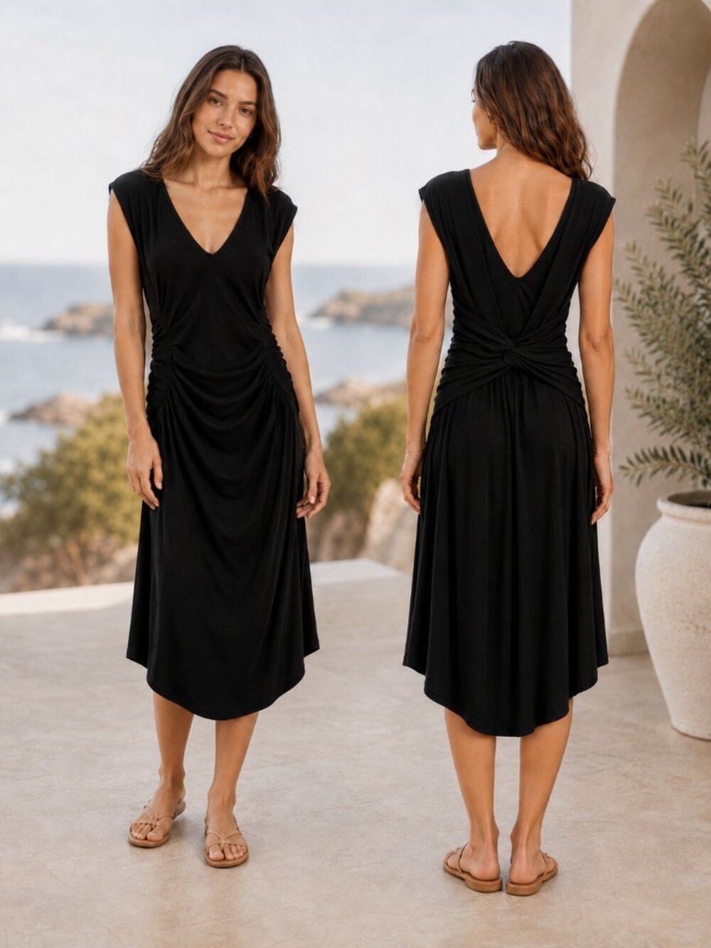 Free People Beach Black Ruched Midi Dress Small Twist Back Coastal Cocktail